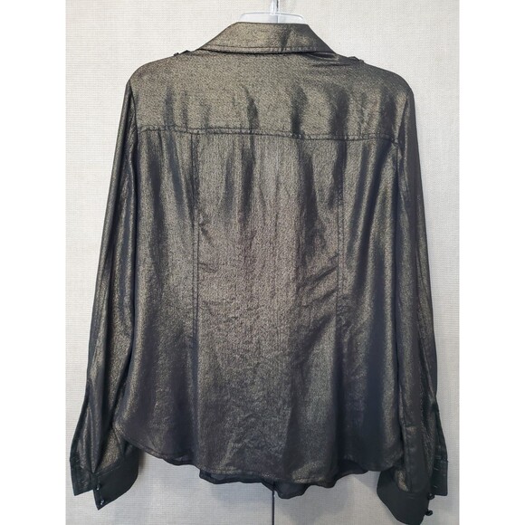 Cache Black with Gold Shimmer Semi-Sheer Roll-Tab Sleeve Button-Up Top Size LGE - Picture 5 of 6